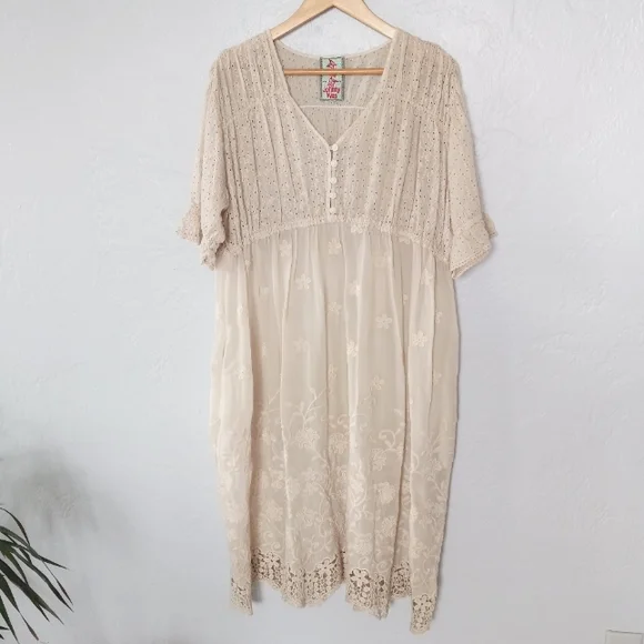 Johnny Was Ambre Midi Dress Embroidery Eyelet Empire Waist Ivory Cream L